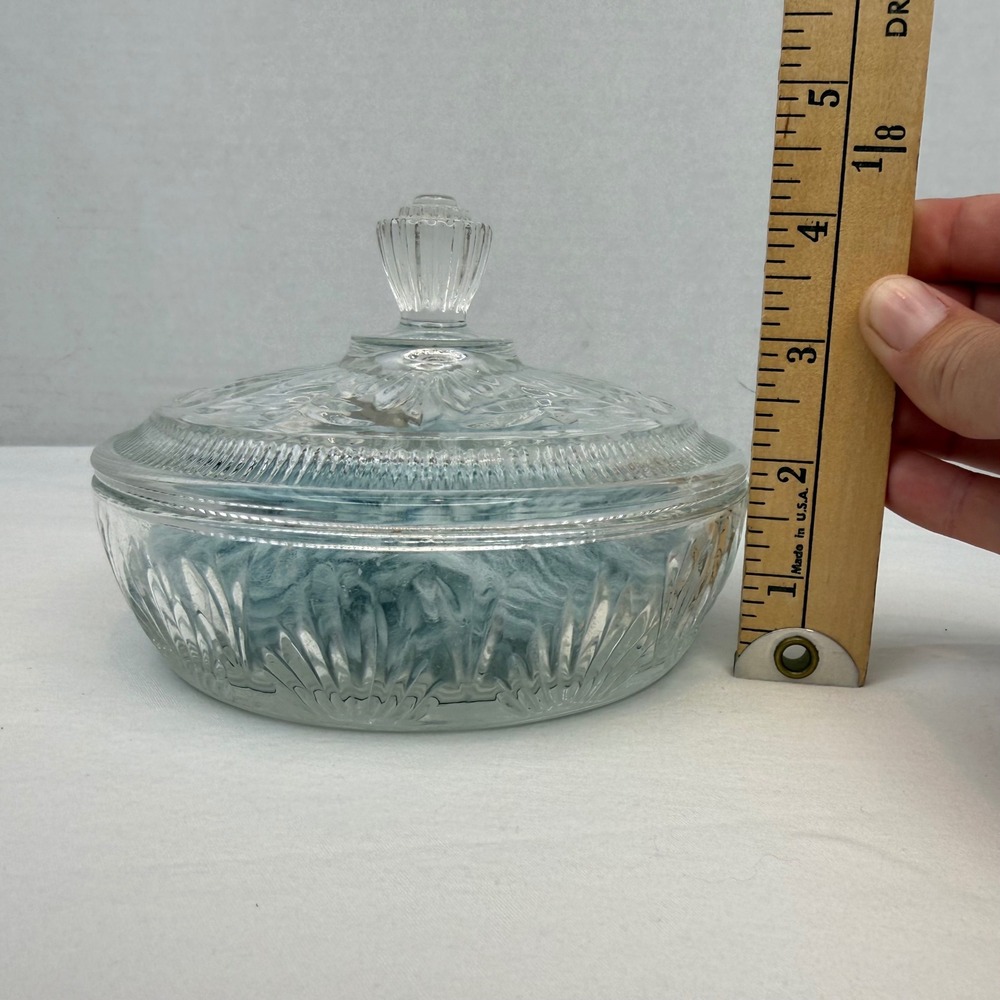Vintage Avon Sonnet Clear Pressed Glass Lidded Powder Dish with Blue Puff - Picture 9 of 9